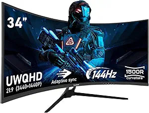 34 Inch Ultra Wide Curved 144Hz 1500R Gaming Computer Monitor, 21:9 UWQHD (3440 x 1440) PC Display, Adaptive Sync, 178° Viewing Angle, HDMI, VGA, USB 3.0, HDMI Port