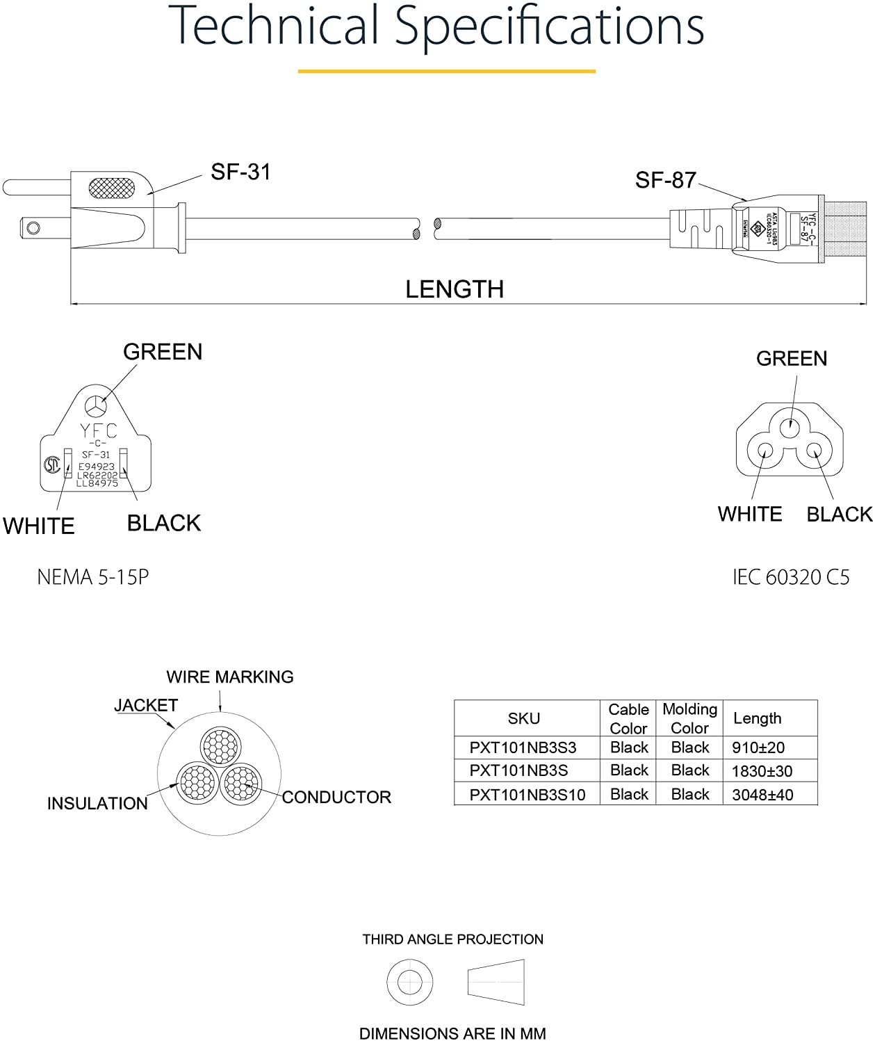 Laptop Power Cord, NEMA 1-15P to C5 (Mickey Mouse), 10A 125V, 18AWG Laptop Replacement Cord