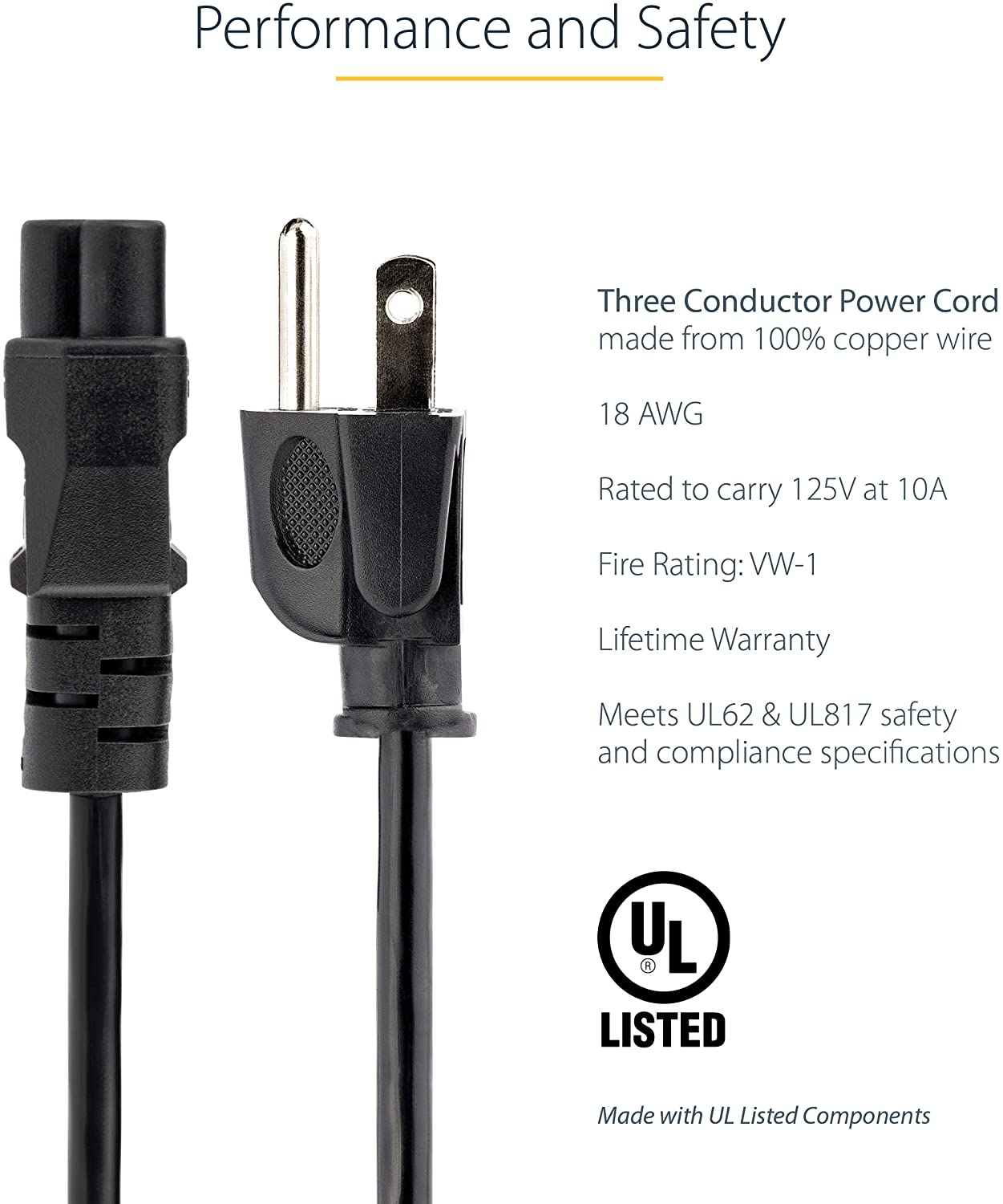 Laptop Power Cord, NEMA 1-15P to C5 (Mickey Mouse), 10A 125V, 18AWG Laptop Replacement Cord