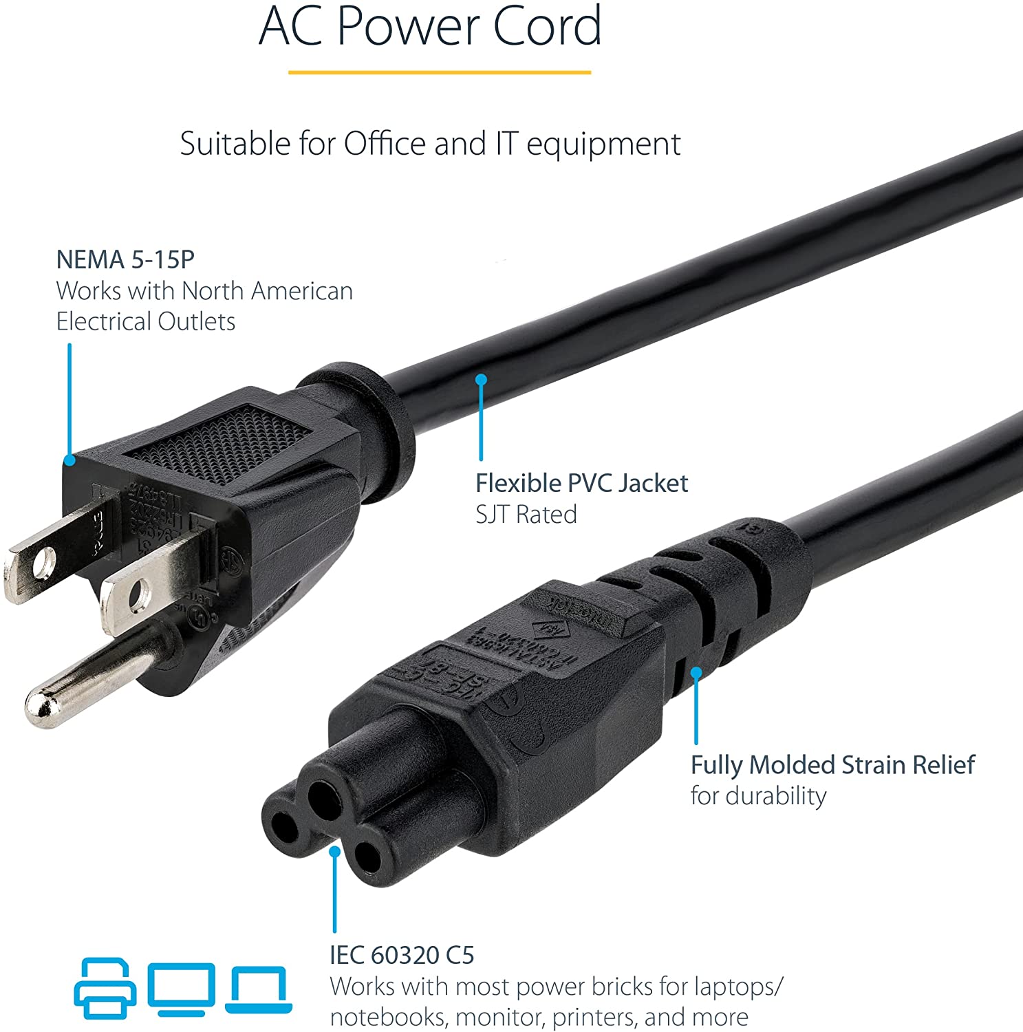 Laptop Power Cord, NEMA 1-15P to C5 (Mickey Mouse), 10A 125V, 18AWG Laptop Replacement Cord